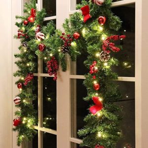 MorTime 9 FT LED Christmas Garland with Pinecones Red Berries Bows Christmas Balls Candies, Multi-Function Christmas Garland