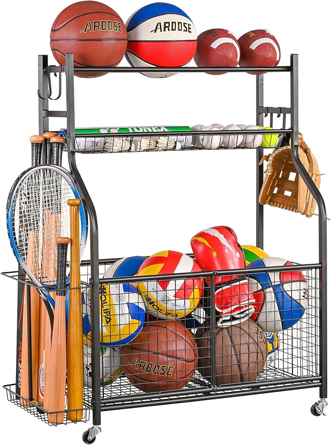 Mythinglogic Sports Equipment Garage Organizer,Garage Ball Storage for Sports Gear and Toys, Rolling Ball Cart with Wheels for Indoor/Outdoor Use