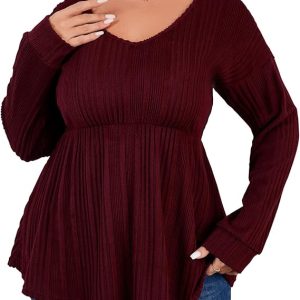 ShopWonder Women Plus Size Casual Tops Tunic Sweater V Neck Pullover Dressy Long Sleeve Loose Fit Blouse Shirt