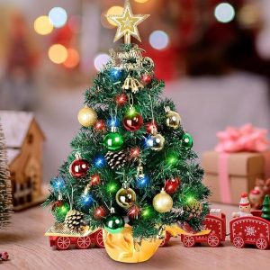 Tabletop Christmas Tree 24 Inch Mini Aritificial Christmas Tree with 30 LED String Lights, Star Tree, Christmas Balls, Tabletop Small Christmas Tree for Holiday DIY Christmas Decoration