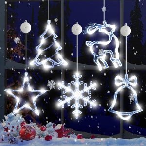 [Timer 5Pcs Christmas Window Lights Decorations,Battery Powered Christmas Hanging White Lighted Snowflake Tree Star Deer Bells Shaped LED Sucker for Xmas Tree Fireplace Window Indoor Decor