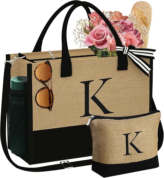 YOOLIFE Christmas Gifts for Women - Initial Jute Tote Bag & Makeup Bag, Birthday Gifts for Women Her Mom Teacher Friend YOOLIFE Christmas Gifts for Women - Initial Jute Tote Bag & Makeup Bag, Birthday Gifts for Women Her Mom Teacher Friend