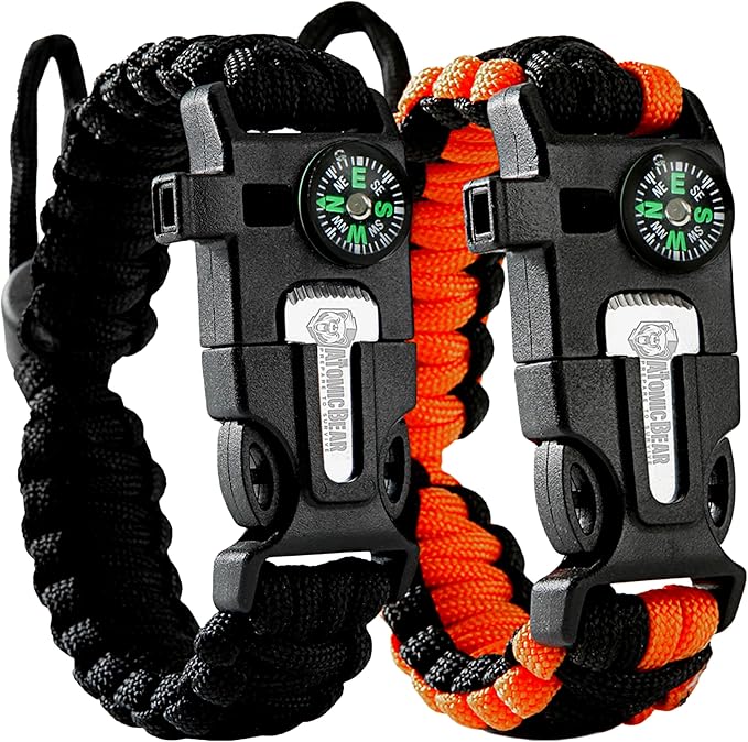 Atomic Bear Paracord Bracelet (2 Pack) - Adjustable - Fire Starter - Loud Whistle - Perfect for Hiking, Camping, Fishing and Hunting - Black & Black+Orange Atomic Bear Paracord Bracelet (2 Pack) - Adjustable - Fire Starter - Loud Whistle - Perfect for Hiking, Camping, Fishing and Hunting - Black & Black+Orange