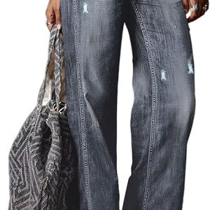 Flamingals Straight Leg Jeans for Women Ripped Raw Hem Mid Waisted Bootcut Jeans Without Belts