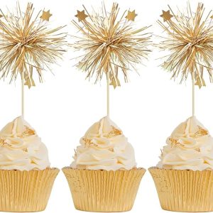 Gyufise 30Pcs Foil Firework Cupcake Toppers for Valentine's Day Party