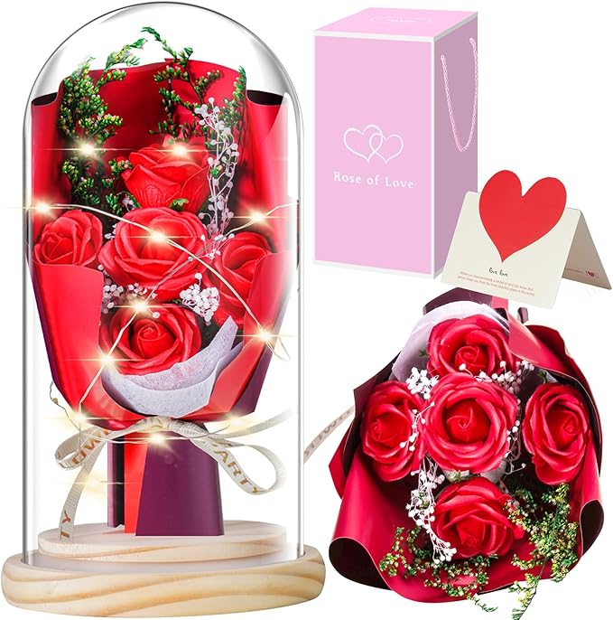 JUNYANG Rose Flowers Gifts for Women, Rose Bouquet in Glass Dome with LED Light, Birthday Gifts for Her, Preserved Rose Gifts for Valentines, Anniversaries JUNYANG Rose Flowers Gifts for Women, Rose Bouquet in Glass Dome with LED Light, Birthday Gifts for Her, Preserved Rose Gifts for Valentines, Anniversaries