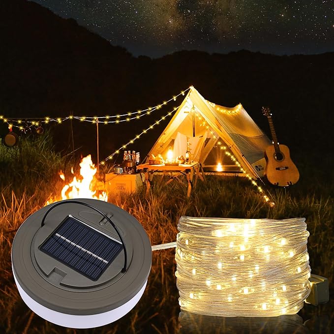 Solar Camping String Lights 32.8Ft (Warm),2 in 1 Rechargeable Camping Lights with 7 Modes,Waterproof Fairy String Lights,Tent Lights for Camping,Hiking and Decorations Solar Camping String Lights 32.8Ft (Warm),2 in 1 Rechargeable Camping Lights with 7 Modes,Waterproof Fairy String Lights,Tent Lights for Camping,Hiking and Decorations