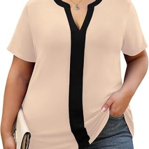 TFSDOD Plus Size Womens Short Sleeve Blouses Dressy Casual Lightweight Notch V Neck Work Shirts Trending Spring Top 2025