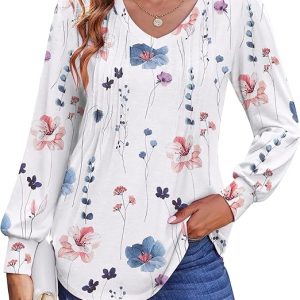 Zeagoo Women'S Puff Long Sleeve Shirts Pleated V Neck Fall Tunic Tops Blouse Dressy Causal Loose Summer T-Shirts