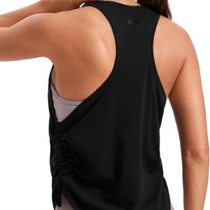 CRZ YOGA Pima Cotton Women Racerback Sleeveless Workout Tops Crew Neck Ruched Side Tanks Athletic Casual Loose Shirts