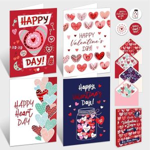 Decorably 8 Pack Foiled 4x6in Valentines Day Cards with Envelopes and Stickers, 4 Elegant Designs Valentines Cards