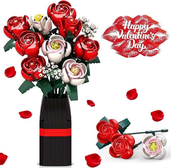 Flower Bouquet Building Set, Roses Artificial Flowers Botanical Collection with Vase, DIY Artificial Flower Bouquet Building Kit for Home Office Decor Flower Bouquet Building Set, Roses Artificial Flowers Botanical Collection with Vase, DIY Artificial Flower Bouquet Building Kit for Home Office Decor