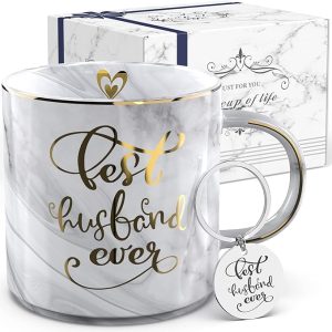 Gifts for Husband from Wife - Gray Marble Ceramic Coffee Mug Cup 11.5oz w/ KeyChain - Best Husband Ever - Birthday Gift Novelty Present for Anniversary, Valentines Day