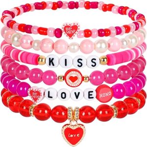 JULMELON Valentine’s Day Bracelets, 6 Pcs Mother's Day Heishi Stretch Bracelets for Women Red Heart Charms Bracelets