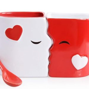 Kissing Mugs Set, Anniversary & Wedding Gifts, Exquisitely Crafted Two Large Cups & Spoons for Couples, For Him and Her on Valentines