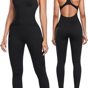 OLCHEE Womens Workout Jumpsuits Seamless Yoga Gym Bodycon Rompers Sexy Racerback Tummy Control Padded Bra Unitard