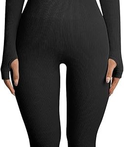 OQQ Women Long Sleeve Yoga Jumpsuits Workout Ribbed Bodysuits Pants Sexy One Piece
