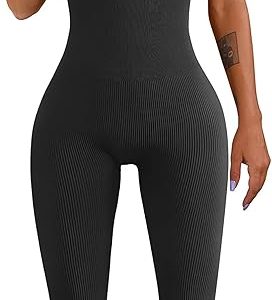 Women Workout Seamless Jumpsuit Yoga Ribbed Bodycon One Piece Tank Top Leggings Romper
