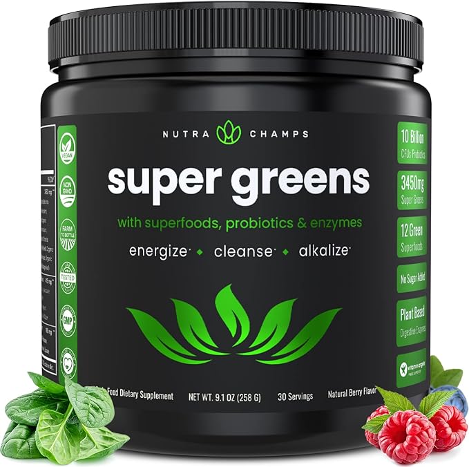 NutraChamps Super Greens Powder Premium Superfood 20+ Organic Green Veggie Whole Foods Wheat Grass, Spirulina, Chlorella Antioxidant NutraChamps Super Greens Powder Premium Superfood | 20+ Organic Green Veggie Whole Foods | Wheat Grass, Spirulina, Chlorella | Antioxidant