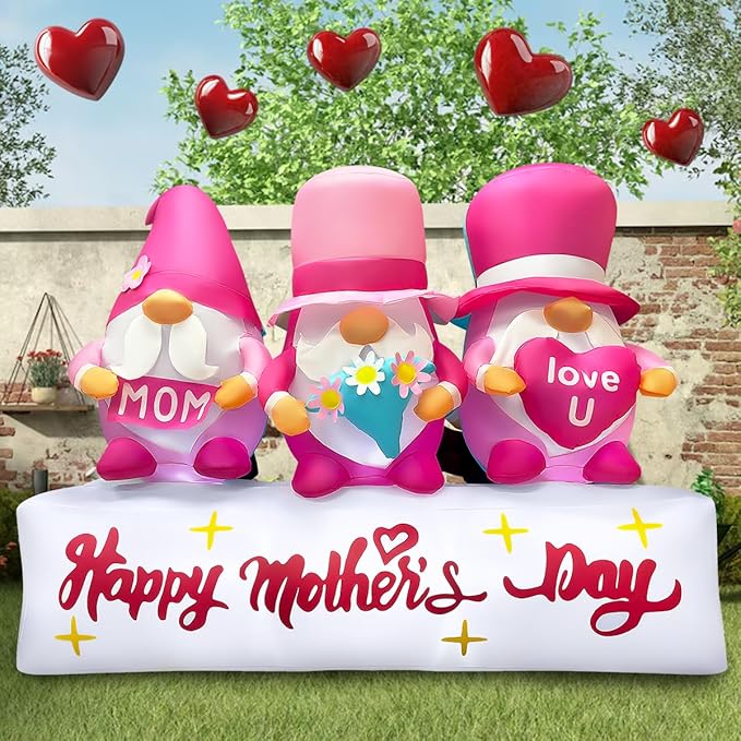 7FT Long Inflatable Happy Mother's Day Decorations, Father's Day Inflatable Double Side Decorations, Three Gnomes Built-in LED Lighted Blow Up Decoration Home Yard Outdoor Indoor Decor