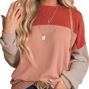 Dokotoo Womens Fashion 2025 Color Block Long Sleeve Crewneck Knitted Casual Loose Pullover Shirts Tops