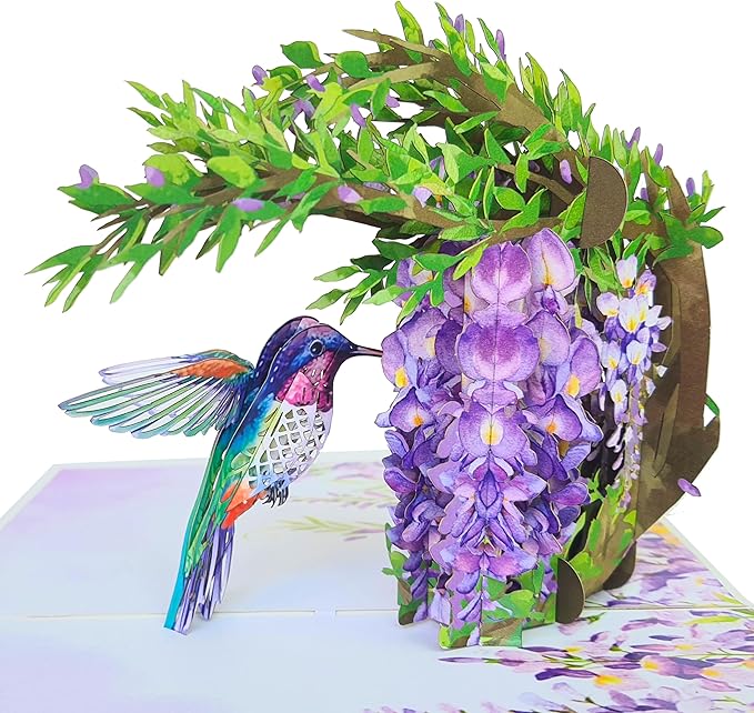 HEARTAGS- Mothers Day Card, 6x8 in Pop Up Birthday Card For Women, Hummingbird Wisteria Pop Up Mother's Day for Mom, Wife, Daughter, Sister, Grandma