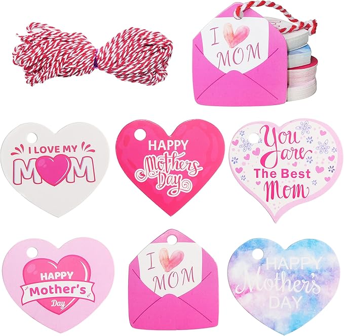 Happy Mother's Day Gift Tags,120 Pcs Heart Mother's Day Hanging Paper Tags with String Best Mom Labels for Gift Wrapping Supplies