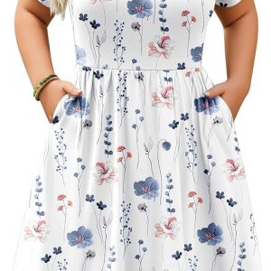 IN'VOLAND Womens Plus Size Summer Dress Short Sleeve Casual Mini Dresses Empire Waist T-Shirt Dress with Pockets