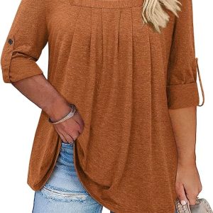 Kancystore Women's Plus Size 3/4 Sleeve Tops Square Neck Shirts Loose Pleated Tunic Blouses