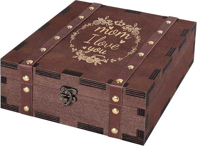MACEVIA Mom I Love You Keepsake Box, Wooden Memory Box for Mother, Mother’s Day Gifts from Daughter and Don, Vintage Decorative Storage Boxes Gift for Birthday, Christmas