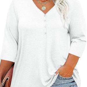 Tankaneo Women Plus Size Tops V Neck 3/4 Sleeve Casual T Shirts Loose Basic Tunic Tees