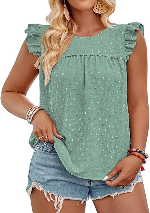 VISLILY Womens-Plus-Size-Summer-Tank-Tops Ruffle Cap Sleeveless T Shirts Crewneck Swiss Dot Blouses Pleated Casual Tee VISLILY Womens-Plus-Size-Summer-Tank-Tops Ruffle Cap Sleeveless T Shirts Crewneck Swiss Dot Blouses Pleated Casual Tee