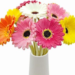 15 Pcs Artificial Gebera Daisies Flowers Fake Daisy Real Touch PU Faux Flowers Bouquet for Indoor Home Arrangements Vase Wedding Party Table Centerpiece DIY Floral Decor