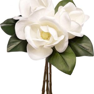 3 Stems Real Touch Creamy White Southern Magnolia Flowers, Artificial Realistic Magnolia Grandiflora for Home Décor