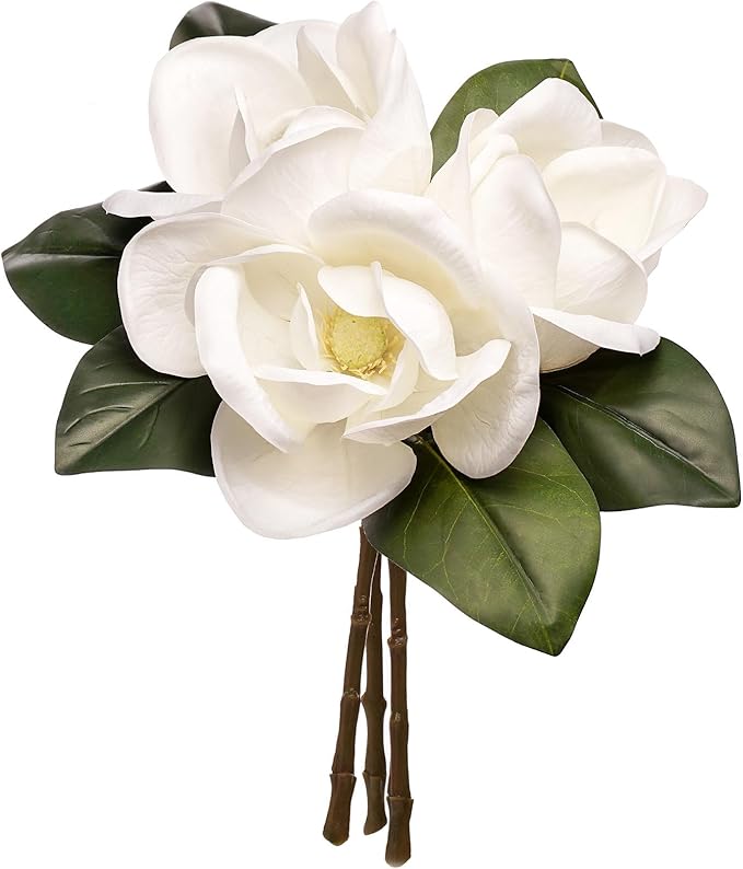 3 Stems Real Touch Creamy White Southern Magnolia Flowers, Artificial Realistic Magnolia Grandiflora for Home Décor