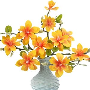 3Pcs Faux Spring Flowers, Real Touch PU Yellow Magnolias Artificial Steams Bouquet for Home Wedding Table Floral Arrangement Decoration