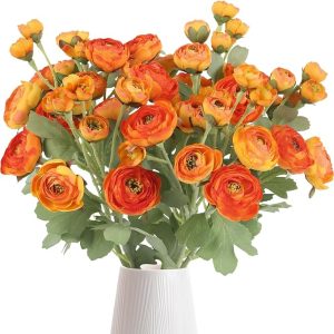 5PCS Ranunculus Artificial Flowers 60Heads Orange Faux Peonies with Stem Real Touch 21.65" Silk Ranunculus Fake Flowers for DIY Craft Wedding Floral Arrangements Home Table Decor(Orange)