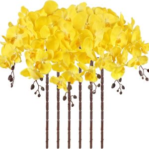 6PCS 41in Orchid Flowers Artificial Orchid Stems Velvet Silk Orchids That Look Real Long Stem Artificial Flowers for Tall Vase for Fall Home Wedding Party Décor (Yellow)