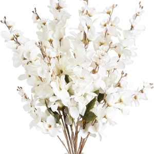 6PCS White Delphinium Artificial Flower Lifelike Larkspur Silk Flowers Plant 35.43'' Long Stem Blossoms Fake Flowers for Tall Vase Floral Arrangements Home Table Wedding Decor(White)