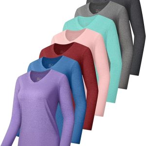 7 Pack Womens Long Sleeve Athletic Shirts UV Sun Protection UPF 50+ Quick Dry Workout Running Tops V Neck