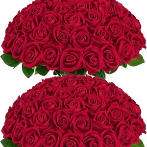 BLEUM CADE 50 Pcs Red Roses Artificial Flowers, Real Touch Velvet Roses Fake Flowers Bulk, Artificial Roses Bouquet with Long Stems Bridal DIY Wedding Party Centerpiece Decorations