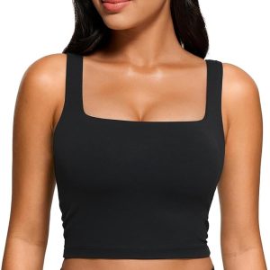 CRZ YOGA Butterluxe Womens Square Neck Longline Sports Bra - Workout Crop Tank Tops Padded Yoga Camisole with Built in Pads