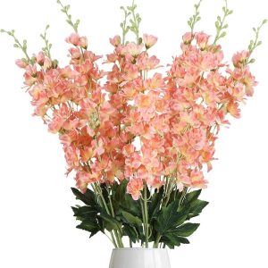 Delphinium Artificial Flowers,8PCS Long Stem Silk Larkspur Flowers 33.5'' Faux Delphinium Stems for Tall Vase Home Wedding Table Decor(Coral