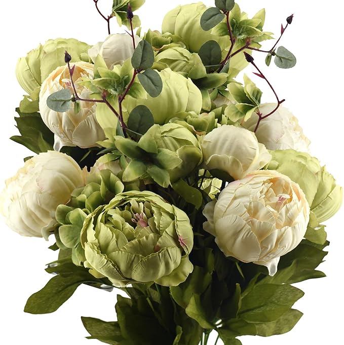 FiveSeasonStuff Mixed Cream Beige and Moss Green Vintage Artificial Silk Flower Peonies 2 Bouquets Floral