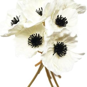 Floral Kingdom Real Touch White Anemone Bouquet - 10" Artificial Flowers for Home Decor, Weddings, Easter | Bendable Stems with Black Centers (7 Pack, Latex)