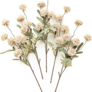Floroom 5pcs Faux Silk Pompon Mum Artificial Flowers, Bulk Fake Mini Chrysanthemums with Stems for DIY Bouquet Centerpieces Wedding Fillers Champagne