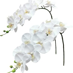 Fnize Orchid Stems Artificial Flowers Real Touch Latex Faux Phalaenopsis Branches 9 Large Blooms 38 Inches 2pcs White