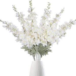 IPOPU 6 pcs Delphinium Artificial Flowers White Larkspur Artificial Flowers, 33.5 in Fake Flowers Bulk Silk Flowers with Stems Real Look for Home Garden Wedding Arrangement Decor(White)
