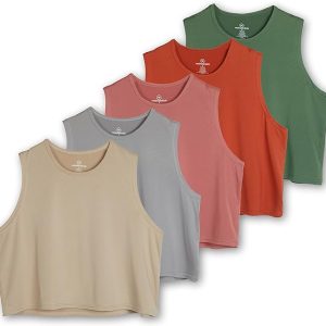 Real Essentials 5 Pack: Women's Dry Fit Crop Summer Tank Top - Gym Yoga Workout Sports Tee (Available in Plus Size)