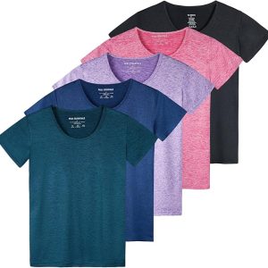 Real Essentials 5 Pack: Women's Dry Fit Tech Stretch Short-Sleeve Crew Neck Athletic T-Shirt (Available in Plus Size)